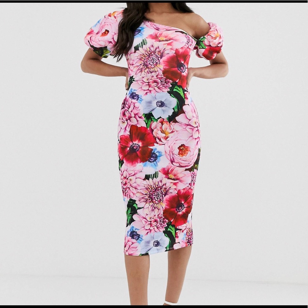 ASOS DESIGN floral asymmetric bubble sleeve dress